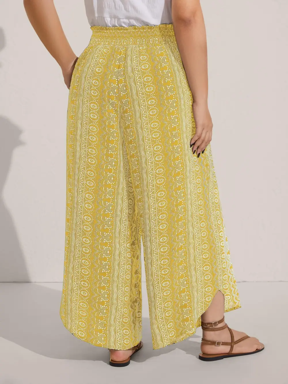 Boho Print Shirred Waist Wide-Leg Pants