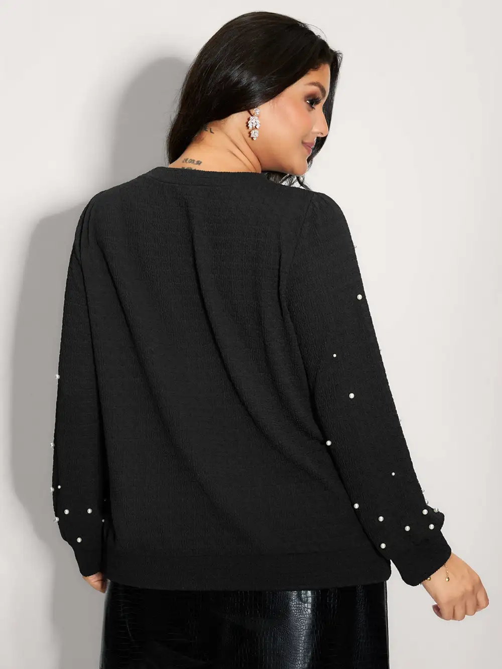 Beaded Round Neck Solid Sweatshirt