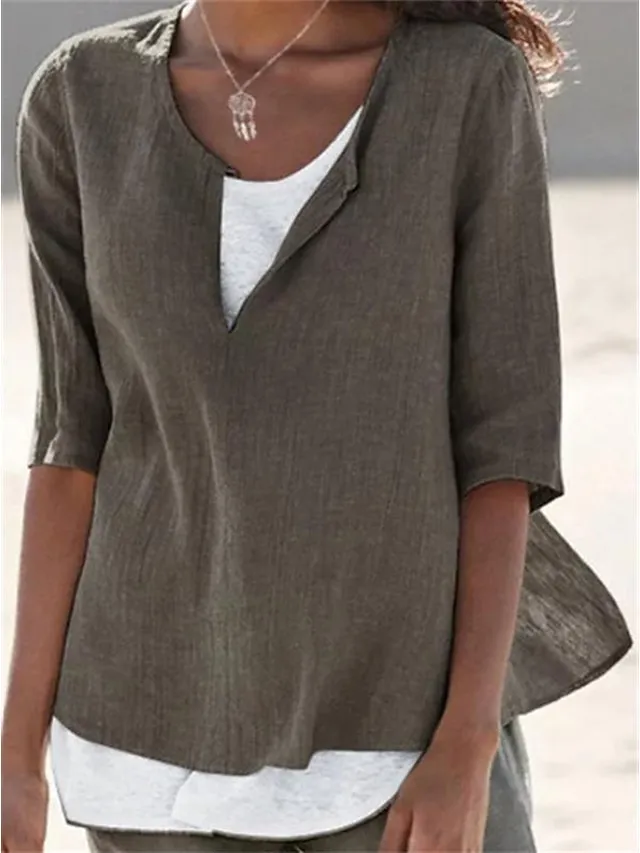 Women's Shirt Blouse Plain Black White Pink Half Sleeve Holiday Casual Beach V Neck Regular Fit