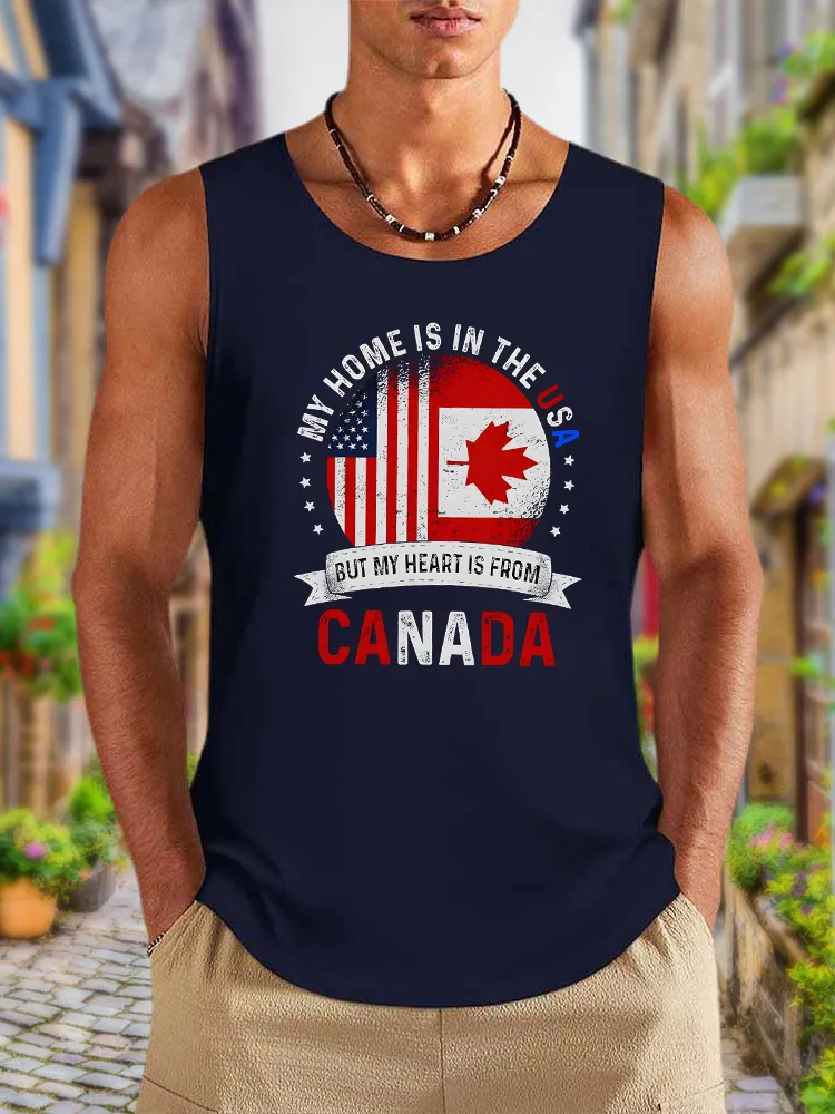 Men'S My Home Is In The Usa But My Heart Is From Canada Round Neck Cotton Vest