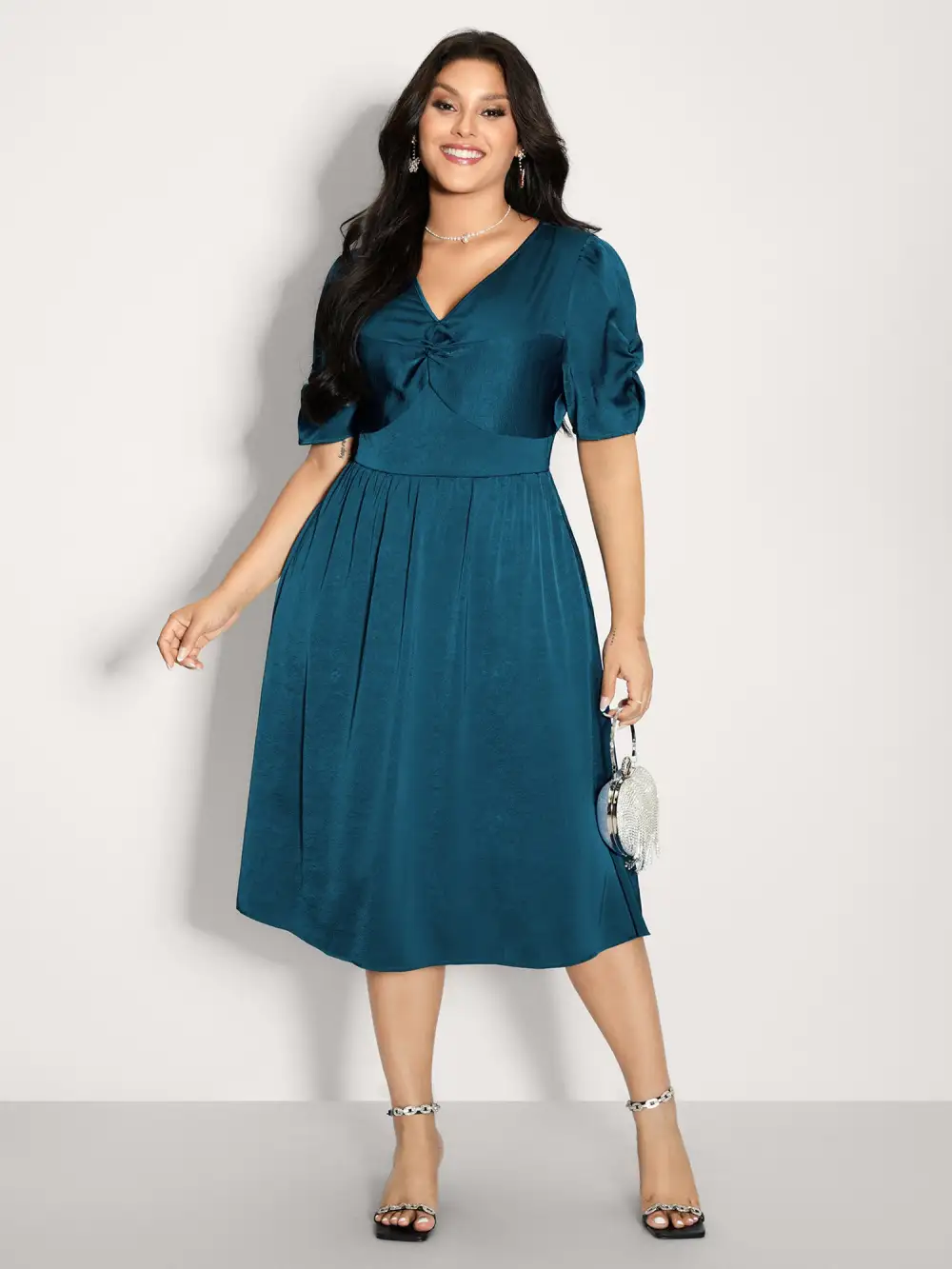 Satin-Like Ruched Sleeve Midi Dress