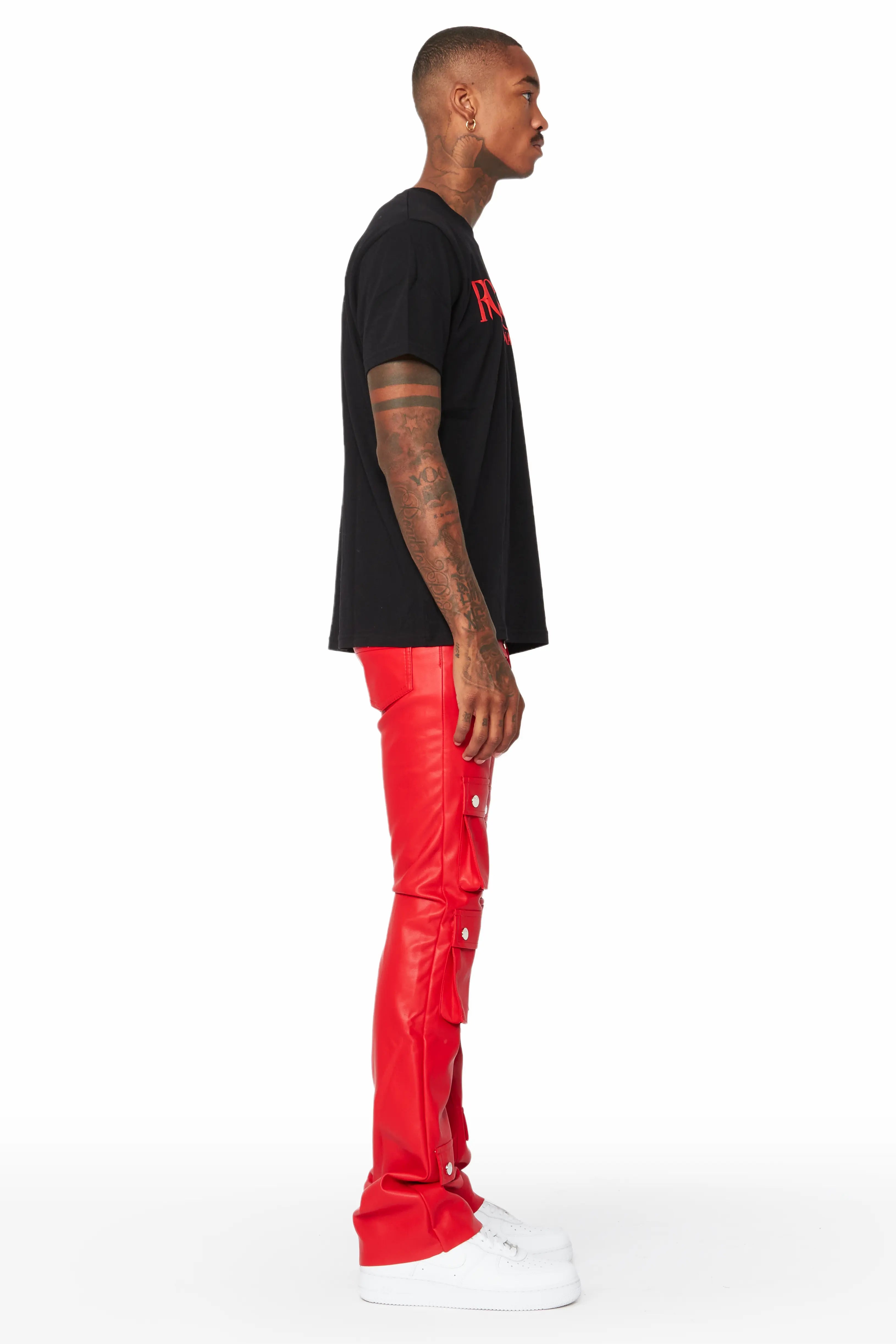 Remi Red Faux Leather Stacked Flare Jean