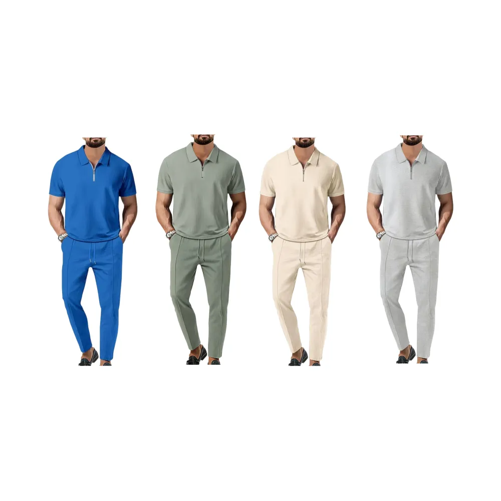 Men's Solid Textured Long Sleeve Polo Shirt & Drawstring Waist Pants Set