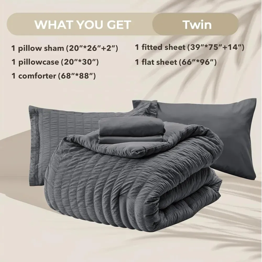 Queen Comforter Set Seersucker 7 Pieces, All Season Luxury Bed in a Bag for Bedroom, Bedding Set with Comforters, Sheets, Pillowcases & Shams, Dark Grey