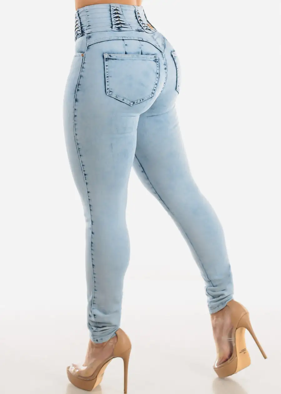Super High Waisted Butt Lifting Skinny Jeans Light Acid Wash