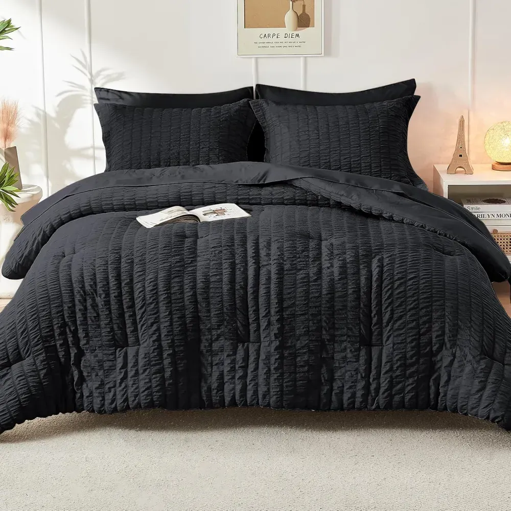 Queen Comforter Set Seersucker 7 Pieces, All Season Luxury Bed in a Bag for Bedroom, Bedding Set with Comforters, Sheets, Pillowcases & Shams, Dark Grey