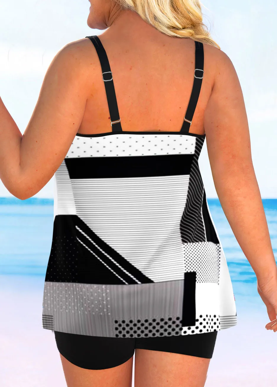 Circular Ring Marble Print Dark Coffee Tankini Set