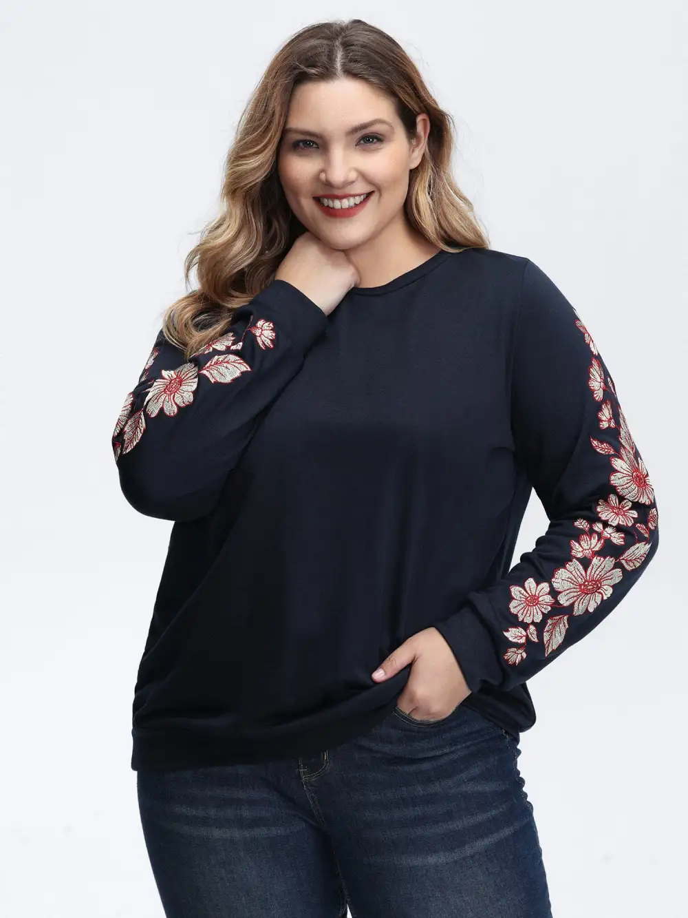 Embroidered Sleeve Relaxed-Fit Sweatshirt