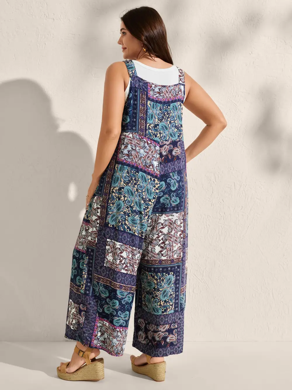 Boho Collage Patchwork Front Pockets Jumpsuit
