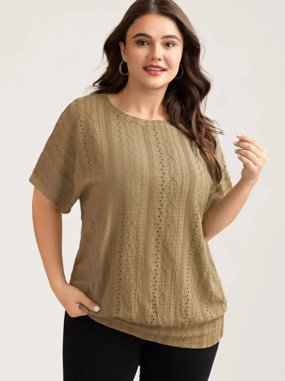 Eyelet Trim Stretchy Textured Plain Top