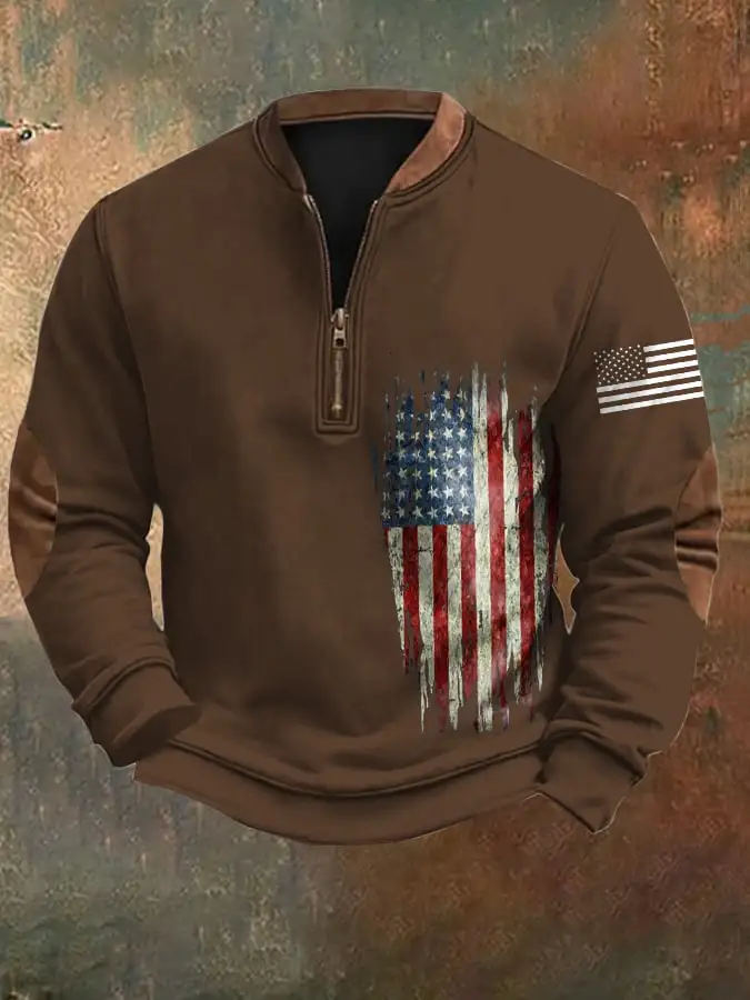 Men's Vintage American Flag Zip Collar Sweatshirt