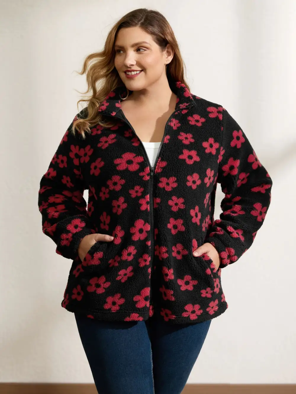 Jacquard Plush Floral Zipper Jacket