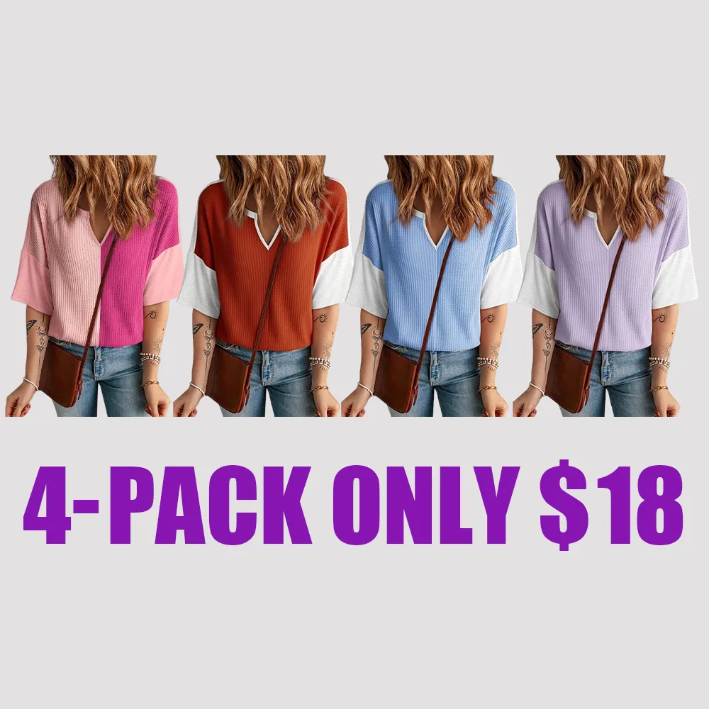Women's Colorblock Waffle Knit Tops – 2025 Summer Fashion Half Sleeve V-Neck Casual Blouses