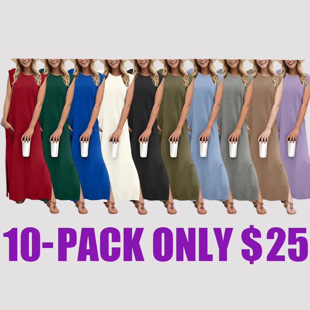 Women's Wrinkle-Free Maxi Vacation Dress – Loose Fit, Split Hem, with Pockets, XS-5XL (Black, Summer Ready)