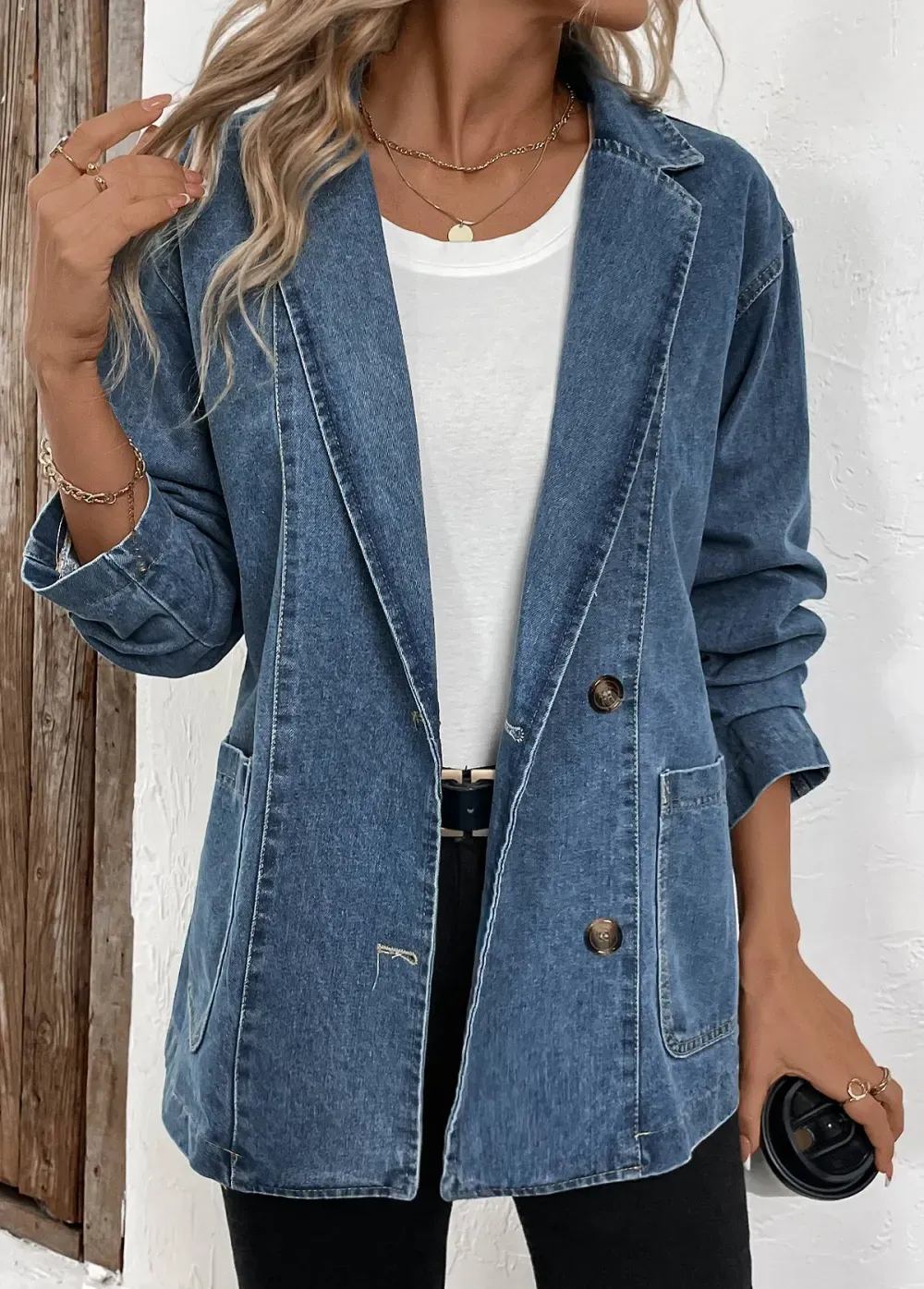 Denim Blue Patchwork Long Sleeve Lapel Coat