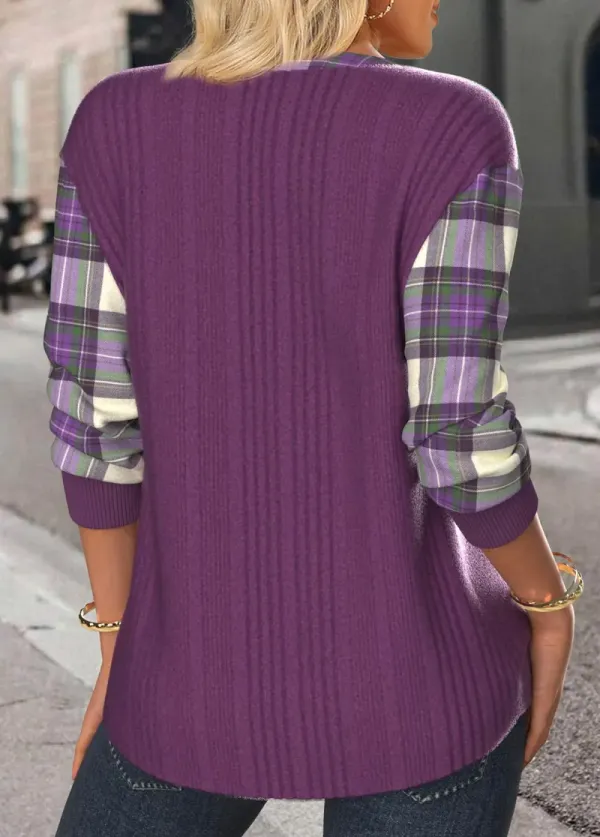 Purple Button Plaid Long Sleeve Split Neck Sweatshirt