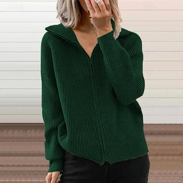 Women's Cardigan Fashion Solid Color Ribbed Shirt Collar Zipper Knitted Long Sleeve Regular Tops Knit Outdoor Daily Holiday Black Green Fall