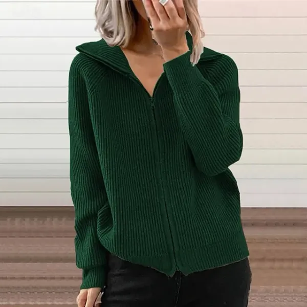 Women's Cardigan Fashion Solid Color Ribbed Shirt Collar Zipper Knitted Long Sleeve Regular Tops Knit Outdoor Daily Holiday Black Green Fall