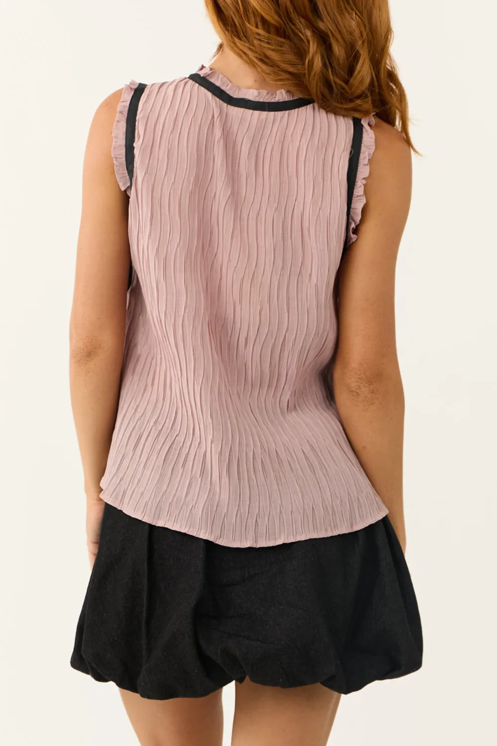 Mauve Contrast Bows Plisse Sleeveless Top