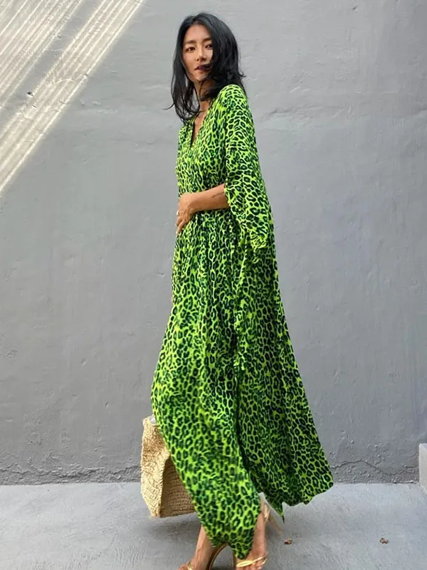 Green Leopard V-Neck Split-Side Batwing Sleeves Maxi Dress