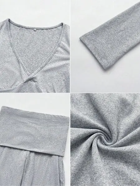 Fall/Winter Elegant 2-Piece Set: Slim-Fit V-Neck Long Sleeve Crop Top & Plain Pants