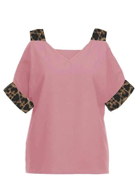 Leopard Print V-neck Cold Shoulder Tops