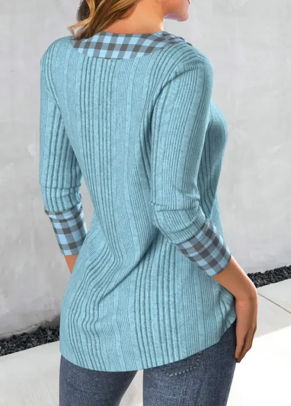 Dusty Blue Patchwork Plaid Long Sleeve Sweatshirt