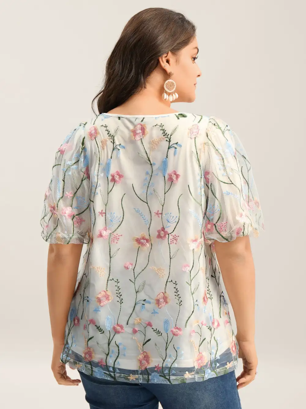 Floral Embroidered Mesh Bubble Sleeve Blouse