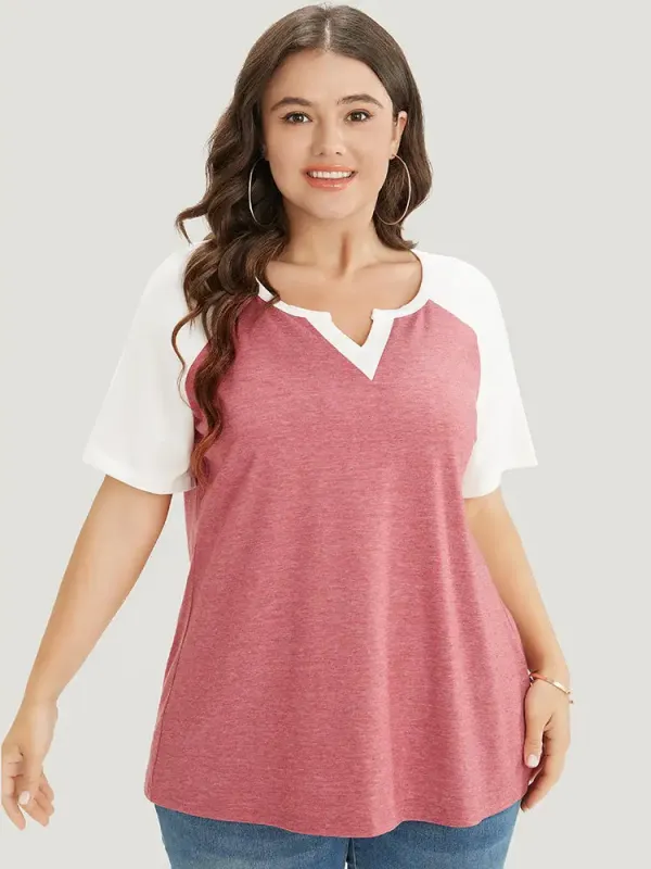 Colorblock Contrast Notched Raglan Sleeve T-shirt