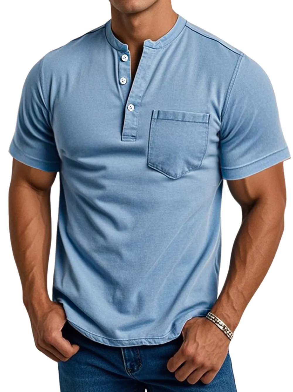 Men's Daily Casual Pocket Stand Collar Short Sleeve Comfortable Henley Shirt