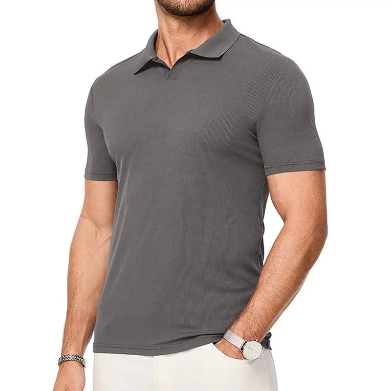 Men's Muscle V Neck Polo Shirts Casual Short Sleeve Slim Fit Ribbed Golf T Shirt Athletic Tee Shortsleeve Menswear Top