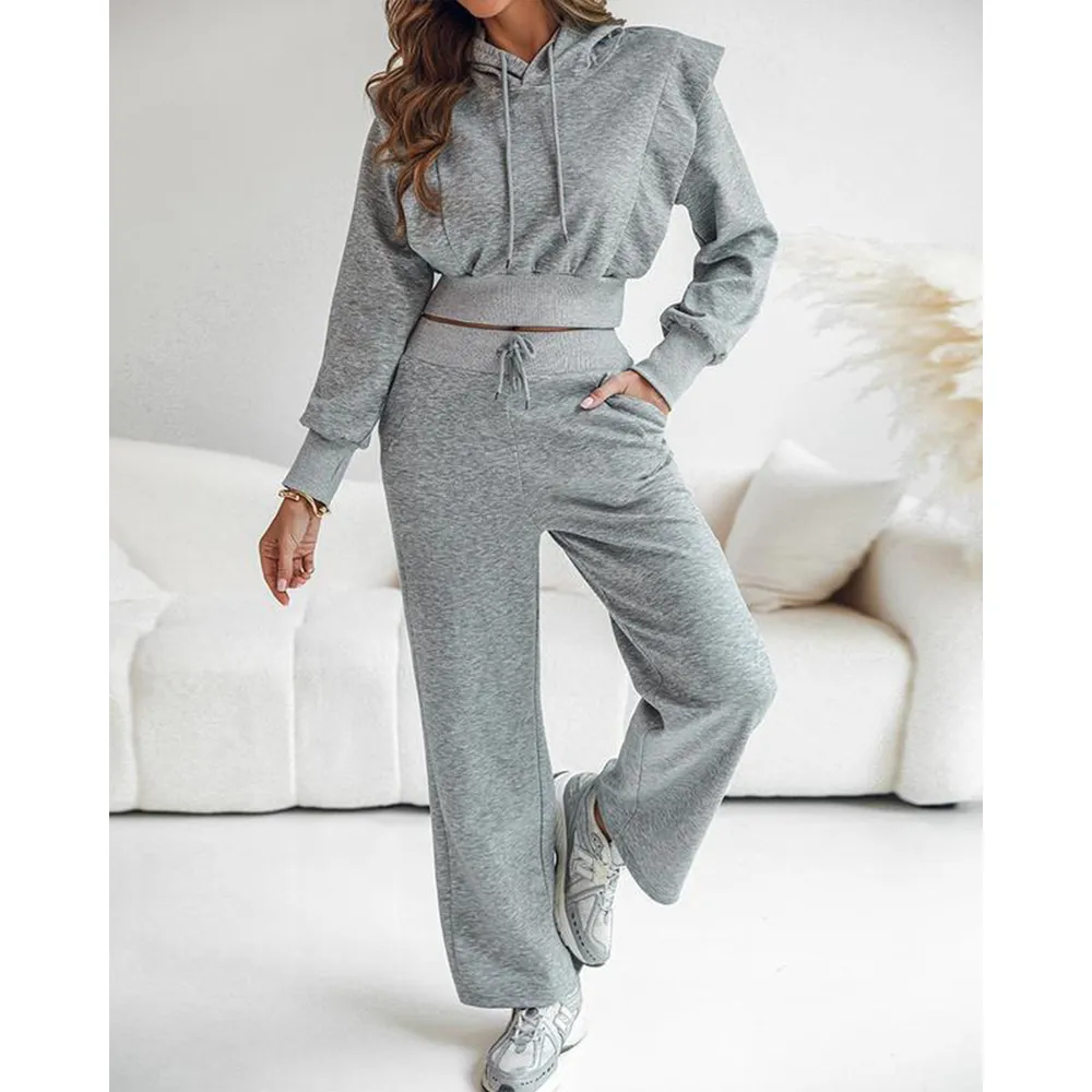 Hooded Long Sleeve Sweatshirt and Casual Wide Leg Sweatpants Set
