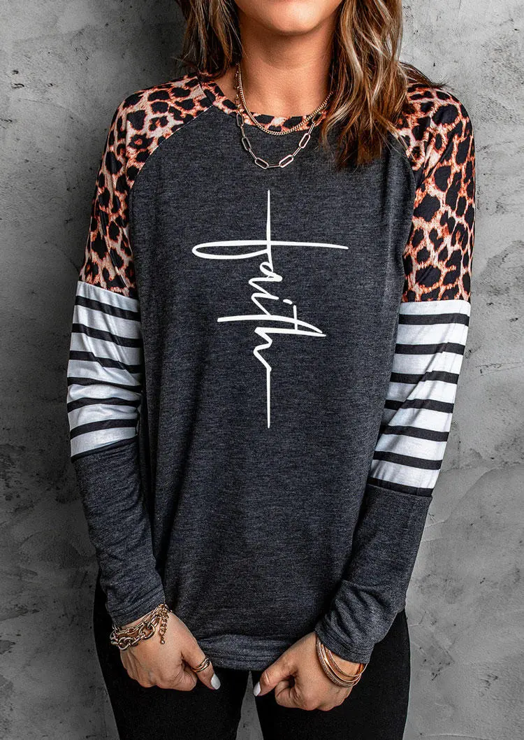 Leopard Striped Long Sleeve T-Shirt Tee without Necklace - Dark Grey