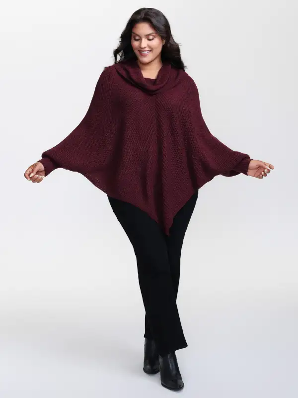Turtle Neck Batwing Sleeve Asymmetrical Hem Pullover