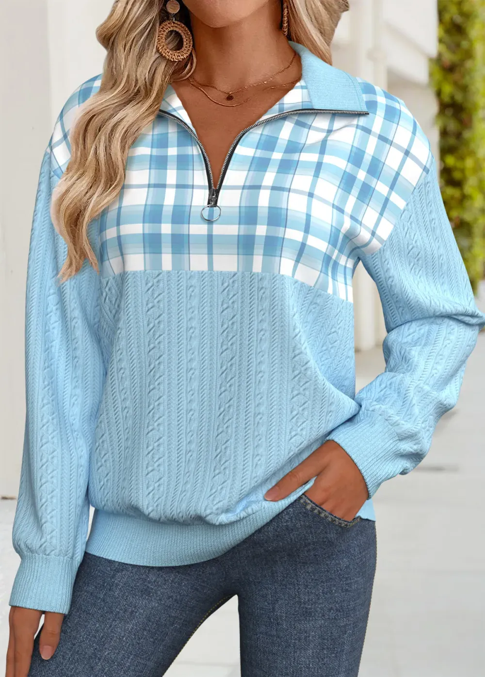 Light Blue Tummy Coverage Plaid Long Sleeve Sweatshirt