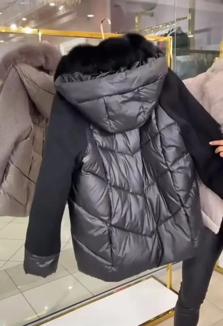 Down Jacket with Fur - trimmed Hood and Knitted Sleeves