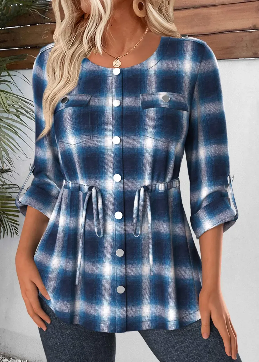 Blue Patch Pocket Plaid Long Sleeve Round Neck Blouse