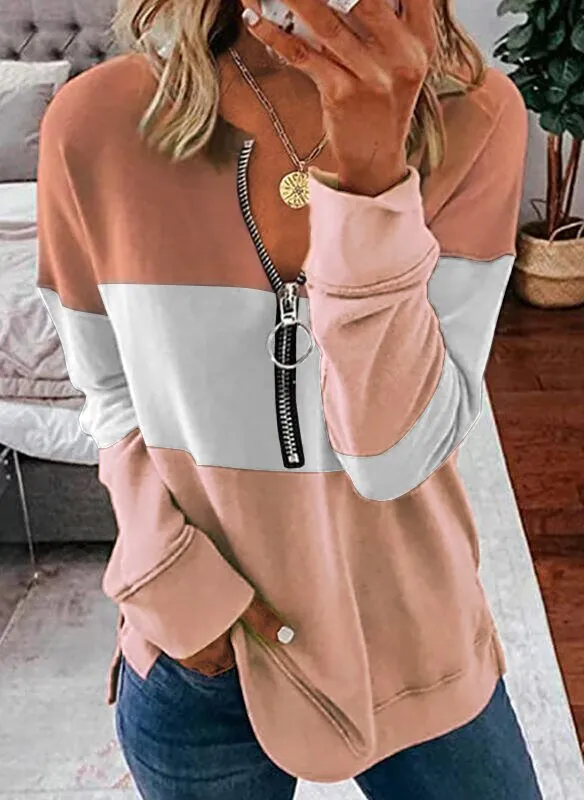 2021 new fashion color block striped V-neck long sleeve top sweatshirt