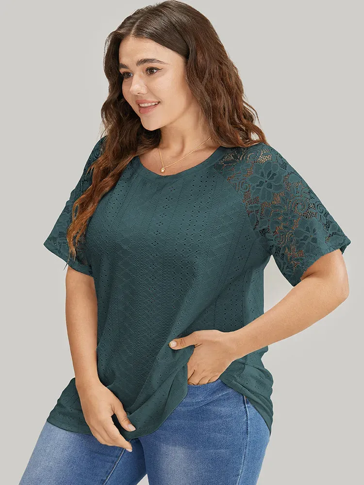 Solid Broderie Anglaise Lace Raglan Sleeve T-shirt