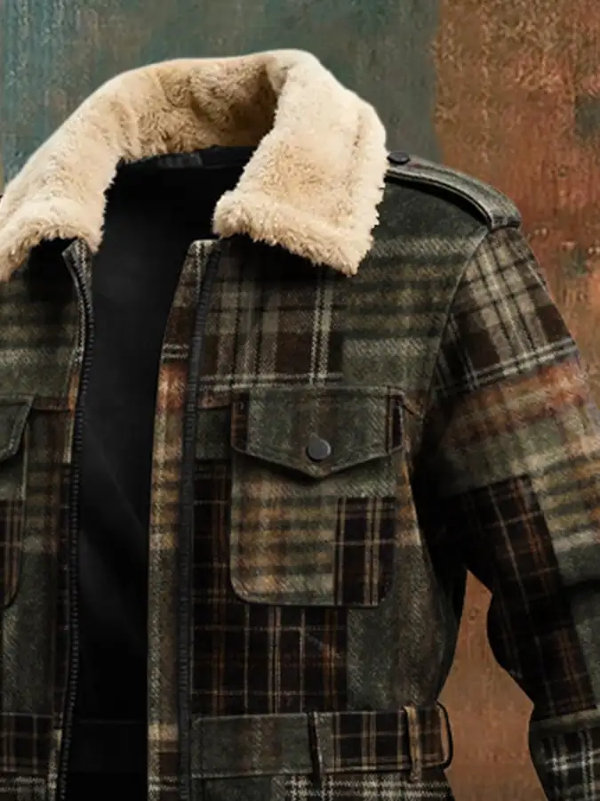 Men's Retro Plaid Lapel Plush Coat