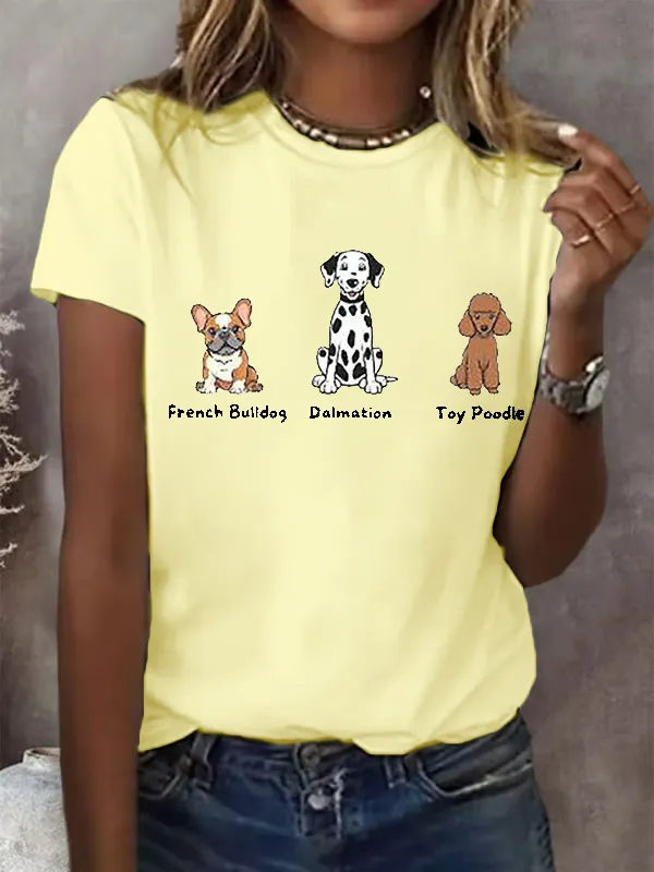 Women'S French Bulldog Dalmatian Toy Poodle Print Round Neck T-Shirt