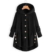 Women's Sherpa Jacket Hoodie Jacket Comfortable Breathable Pocket Buttons Fashion Casual Plain Vacation Street Casual Daily Wear Single Breasted Regular Hooded Loose Fit Long Sleeve Outerwear Black