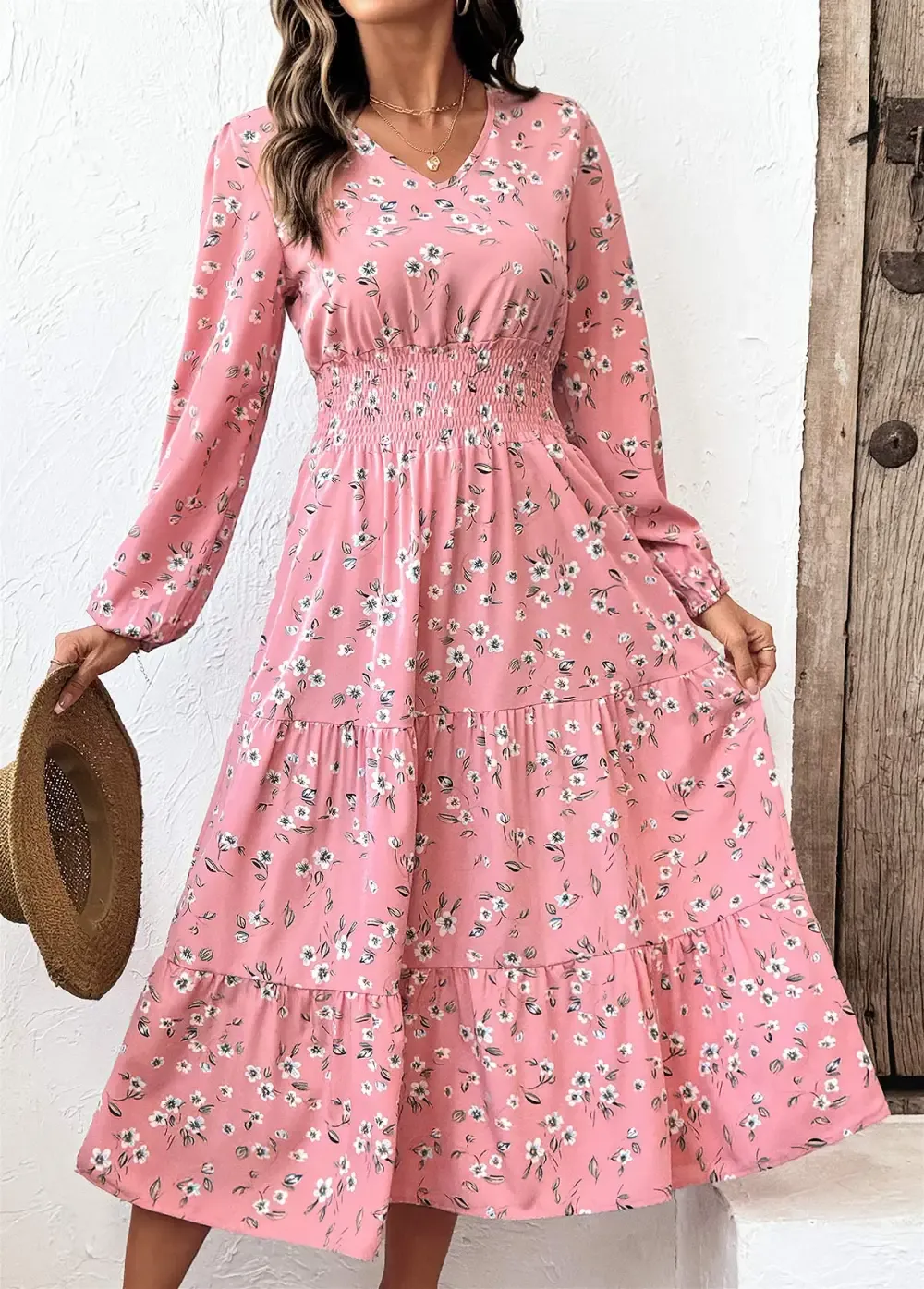 Pink Tummy Coverage Ditsy Floral Print Long Sleeve Dress