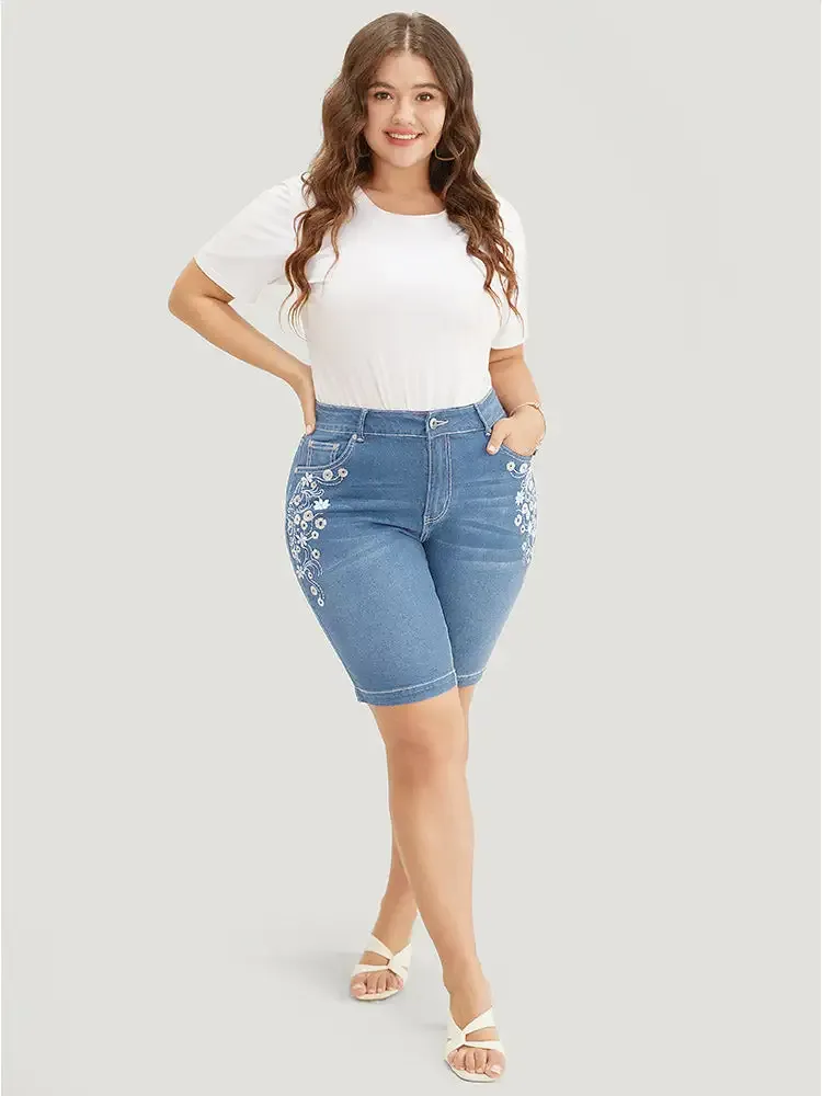 Very Stretchy High Rise Dark Wash Floral Embroidered Denim Shorts