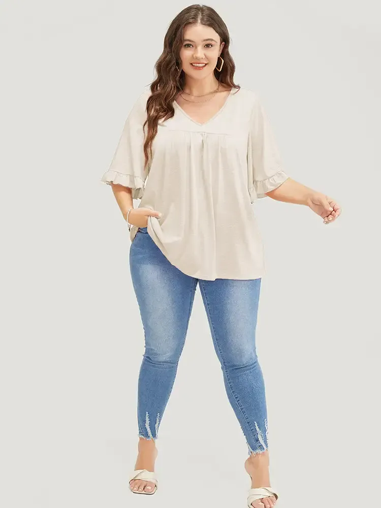 Solid Gathered Ruffle Trim Flounce Sleeve T-shirt