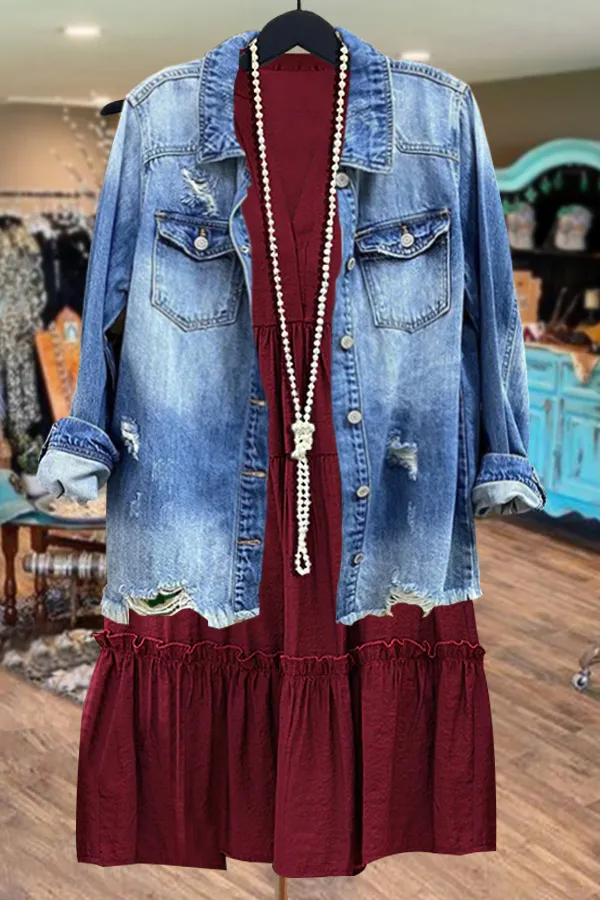 Solid V-neck Ruffle Hem Sleeveless Dress