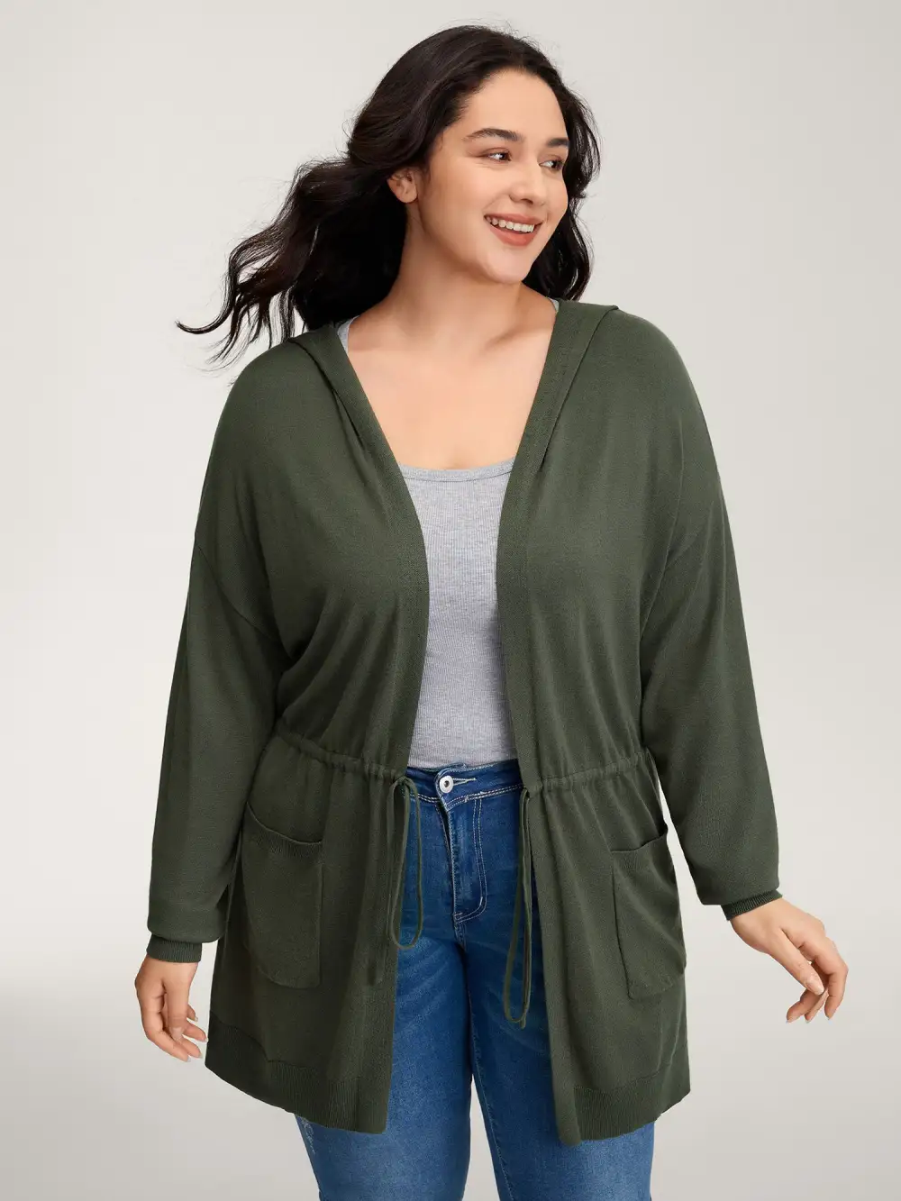 Hooded Drawstring Waist Pockets Knit Cardigan