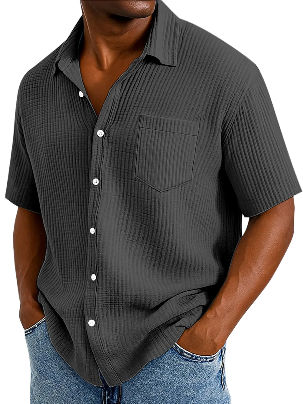 Men's Casual Cotton Breathable Pleated Pocket Short Sleeve Lapel Shirt