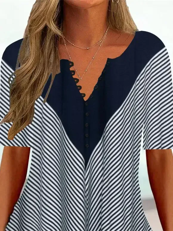 Women's Half Sleeve V-neck Striped Tops