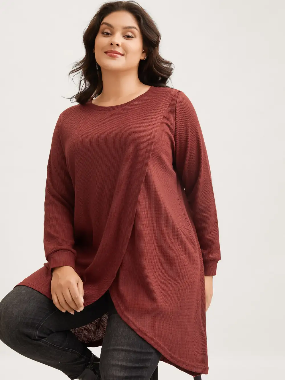 Solid Waffle Knit Overlap Hem T-shirt